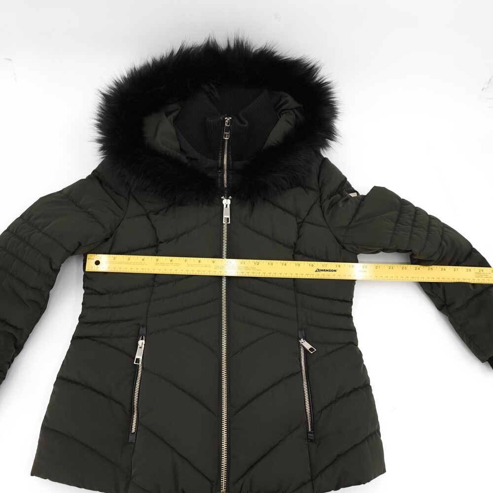 GUESS Jacket Womens Large Green Puffer Hood Faux Fur Trim Zip Pockets Warm - Picture 4 of 16
